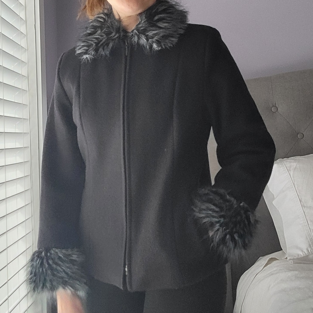 Black Wool Fall Jacket with Faux Fur Trim